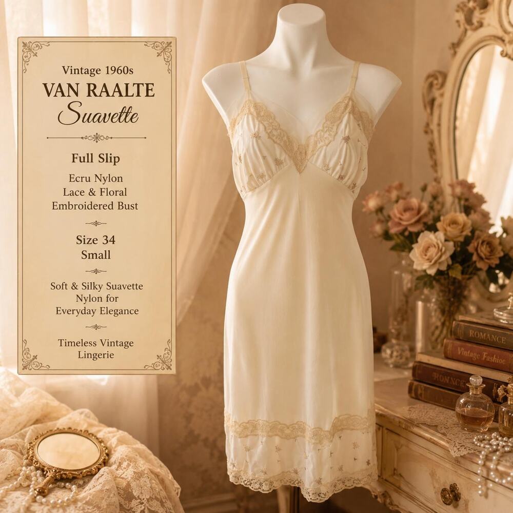 Vintage 1960s Van Raalte Suavette Full Slip Nylon Lace Floral Embroidered Sz 34
